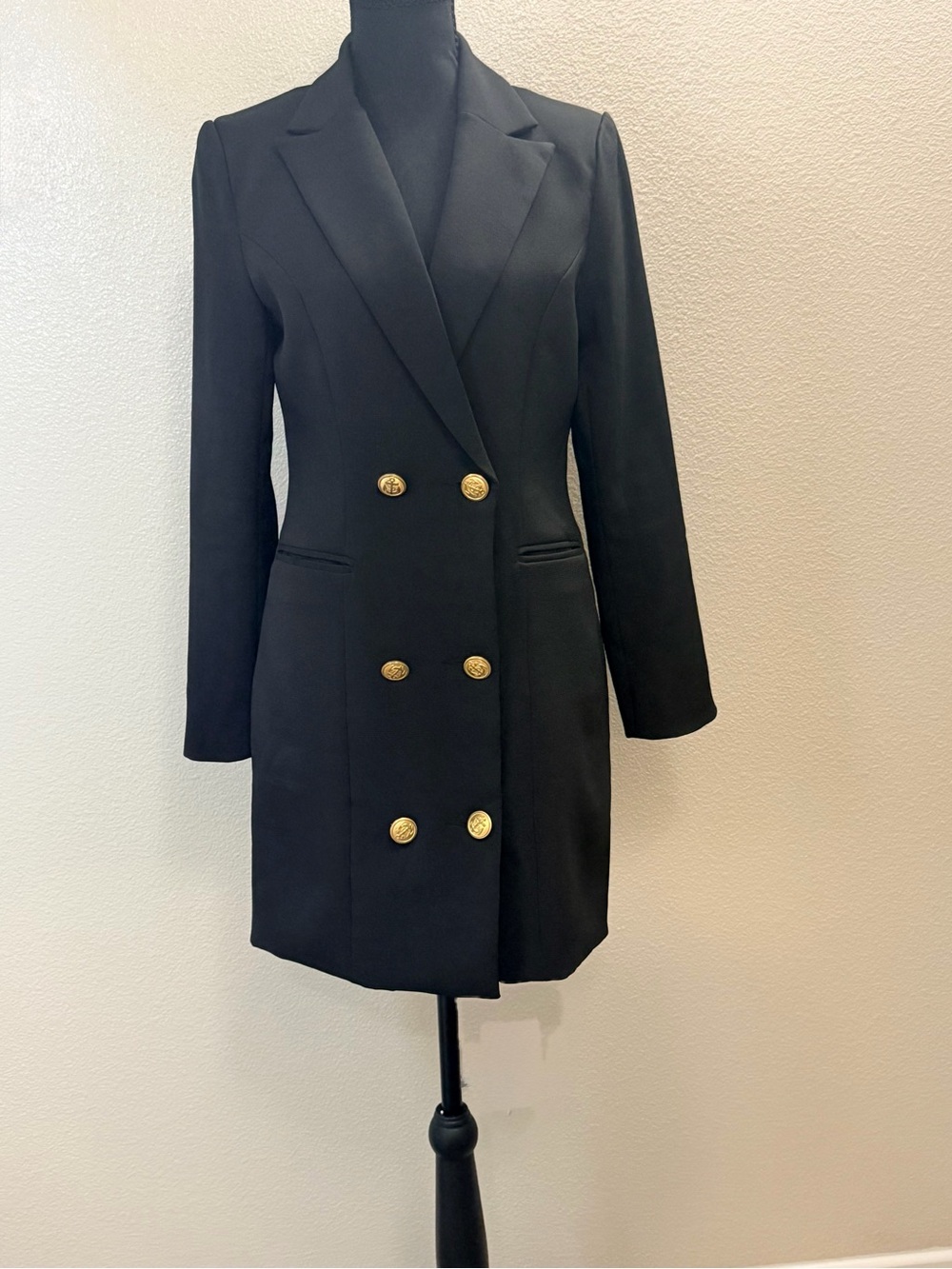 Tailored Black Double-Breasted Long Blazer with Gold Buttons